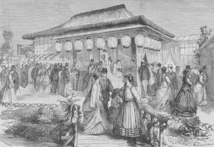 Gravure extraite du monde illustré, « habitation japonaise » au parc des nations à l’exposition universelle de paris, 31 août 1867